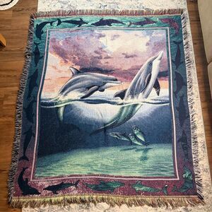 Vintage 90s Y2K Nautical Dolphin Throw Blanket Ocean Marine Fringe Tapestry